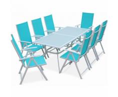 Salon de jardin en aluminium table 8 places Blanc textilène fauteuil turquoise