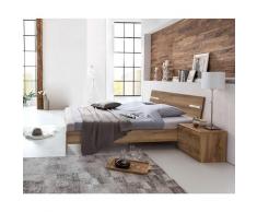 Lit adulte double 180 x 200cm + 2 chevets coloris imitation chêne poutre/chrome brillant - Longueur