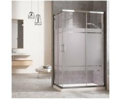 Cabine de douche rectangulaire à fermeture angulaire. 2 portes coulissantes et 2 panneaux fixes.
