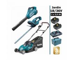 Pack 18/36V: tondeuse 36V 43cm + Taille-haie 18V 52 cm + souffleur 36V + 2 batt 5Ah MAKITA DLM431