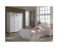 Chambre enfant 4 pièces lit gigogne chevet et armoire 3 portes bois laqué blanc Cœur 90x200 cm