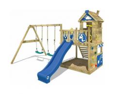 WICKEY Aire de jeux Portique bois Smart Sparkle avec balançoire et toboggan bleu Cabane enfant