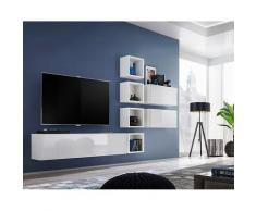 Ensemble meuble TV mural CUBE 7 design coloris blanc et blanc brillant. Meuble de salon suspendu