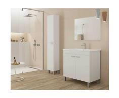 Meuble de salle de bain sur le sol 80 cm Blanc brillant avec miroir | Blanc - Avec lampe Led