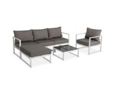 Salon de jardin 5 places Acatium en aluminium, structure blanche et coussins taupe, design et