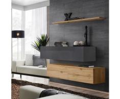 Price Factory - Ensemble meubles de salon SWITCH SBII design, coloris chêne Wotan et gris brillant.
