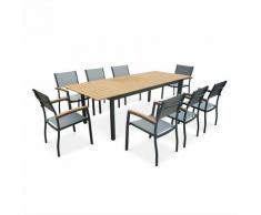Salon de jardin en bois et aluminium Sevilla, grande table 200-250cm rectangulaire avec allonge