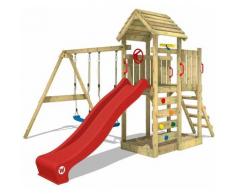 Aire de jeux Portique bois MultiFlyer Toit en bois avec balançoire et toboggan rouge Maison enfant