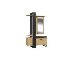 Vestiaire avec miroir + banc simili + 1 abattant - Décor chene et noir - L 119,8 x P 43 x H 198,2