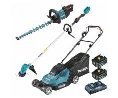 Pack Makita Jardin: tondeuse 36V DLM432 + débroussailleuse 18V DUR190LZX3 + taille-haies DUH502 + 2
