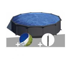 Kit piscine acier gris anthracite Juni ronde 5,70 x 1,32 m + Bâche à bulles + Douche - GRÉ