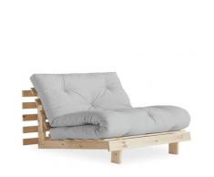 Fauteuil convertible futon RACINES pin naturel coloris gris clair couchage 90 x 200 cm.