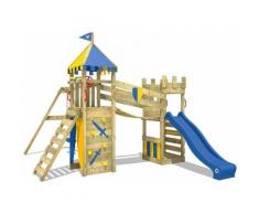 WICKEY Aire de jeux Portique bois Smart Fort avec balançoire et toboggan bleu Maison enfant