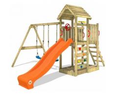 WICKEY Aire de jeux Portique bois MultiFlyer Toit en bois avec balançoire et toboggan orange Maison
