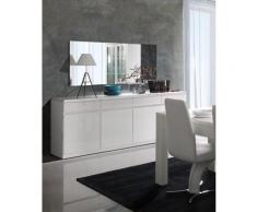 Buffet, bahut, enfilade 4 portes et 4 tiroirs + miroirs FABIO. Blanc brillant. Meuble design pour