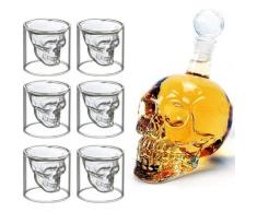 Femor - Verres à Whisky Design Tete de Mort 700ML en Verre Cristal Transparent, Carafe Avec 6