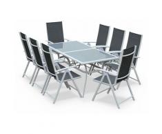 Salon de jardin en aluminium table 8 places Blanc et gris textilène fauteuil