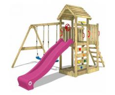 Aire de jeux WICKEY MultiFlyer portique avec toit en bois, balançoire, mur d'escalade et toboggan,