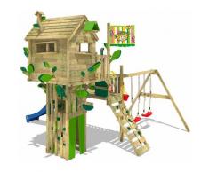 Wickey - Aire de jeux Portique bois Smart Treetop avec balançoire et toboggan bleu Cabane enfant