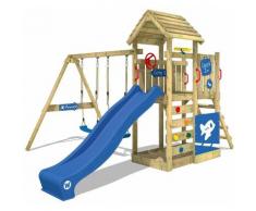 Aire de jeux Portique bois MultiFlyer Deluxe avec balançoire et toboggan bleu Maison enfant