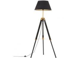 Lampadaire à trépied Noir et doré Bois de teck massif 141 cm