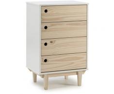 Chiffonnier Roma avec 4 tirois en Couleur Blanc. Pieds et façades en Bois Naturel