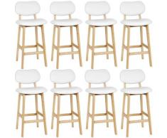 Tabouret de Bar Lot de 8, Tabouret de Cuisine Design en Cuir Artificiel et Bois, Blanc