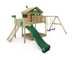 WICKEY Aire de jeux Portique bois Smart Coast avec balançoire et toboggan vert Maison enfant sur