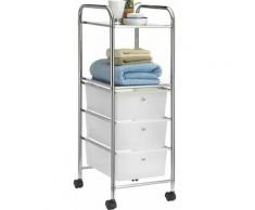 Caisson sur roulettes GINA chariot avec 3 tiroirs en plastique blanc transparent et 2 étagères,