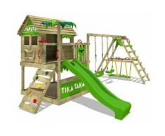 Fatmoose - Aire de jeux Portique bois TikaTaka avec balançoire SurfSwing et toboggan vert pomme