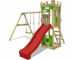 Aire de jeux Portique bois TreasureTower avec balançoire et toboggan rouge Maison enfant exterieur