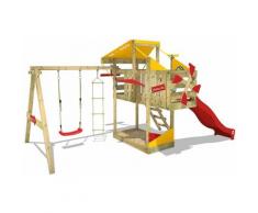Aire de jeux Portique bois AirFlyer avec balançoire et toboggan rouge Cabane enfant exterieur avec