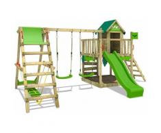 FATMOOSE Aire de jeux Portique bois JazzyJungle avec balançoire SurfSwing et toboggan vert pomme