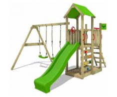 Aire de jeux Portique bois MagicMango avec balançoire et toboggan vert pomme Maison enfant