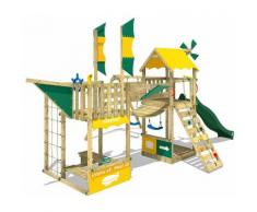 WICKEY Aire de jeux Portique bois Smart Wing avec balançoire et toboggan vert Cabane enfant