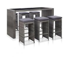 True Deal Meuble de bar de jardin 7 pcs et coussins Résine tressée Gris