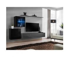 Ensemble meuble salon mural SWITCH XV design, coloris gris et noir brillant. - Gris