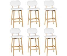 Tabouret de Bar Lot de 6, Tabouret de Cuisine Design en Cuir Artificiel et Bois, Blanc