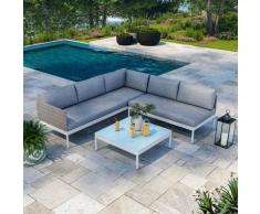 Salon de jardin d'angle raffiné en aluminium blanc et résine tressée gris - JUN - Gris