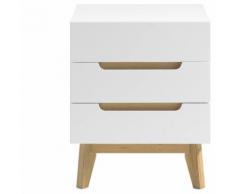 Table de chevet scandinave3 tiroirs blanc mat et bois SKIVE