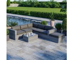 Salon de jardin résine tressée d'angle fonctionnel avec coffre de rangement intégré - gris
