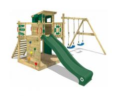 WICKEY Aire de jeux Portique bois Smart Camp avec balançoire et toboggan vert Cabane enfant