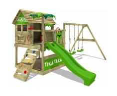 Fatmoose - Aire de jeux Portique bois TikaTaka avec balançoire et toboggan vert pomme Cabane enfant