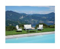 Salon de jardin en aluminium satiné coloris gris, coussins ecru