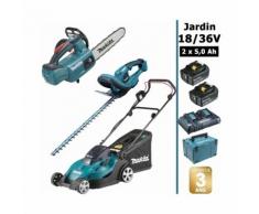 Pack 18/36V: tondeuse 36V 43cm + Taille-haie 18V 52 cm + tronçonneuse 18V 25cm + 2 batt 5Ah MAKITA