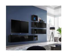 Price Factory - Ensemble meuble TV mural CUBE 7 design coloris noir et noir brillant. Meuble de