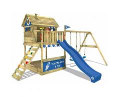 Portique de jeux en bois WICKEY Smart Seaside Aire de jeux avec toboggan bleu, balançoire et