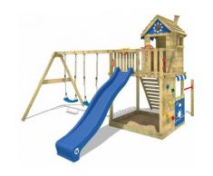 WICKEY Aire de jeux Portique bois Smart Sand avec balançoire et toboggan bleu Maison enfant
