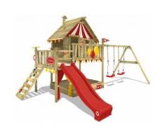 Aire de jeux Portique bois Smart Trip avec balançoire et toboggan rouge Maison enfant sur pilotis