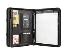A4 Conférencier Classeur Zippé Rechargeable Noir en Cuir PU avec Stylo, Bloc-notes, Calculatrice,